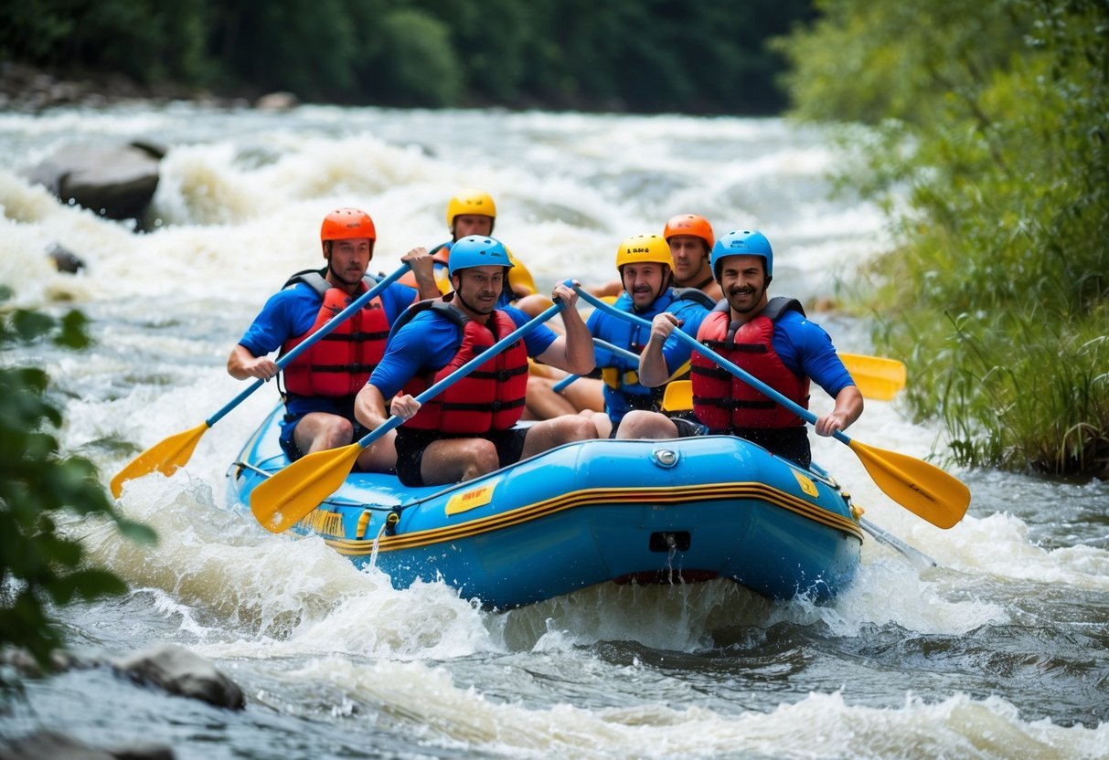 A group of rafters navigating through rough white-water rapids, following proper safety techniques and teamwork