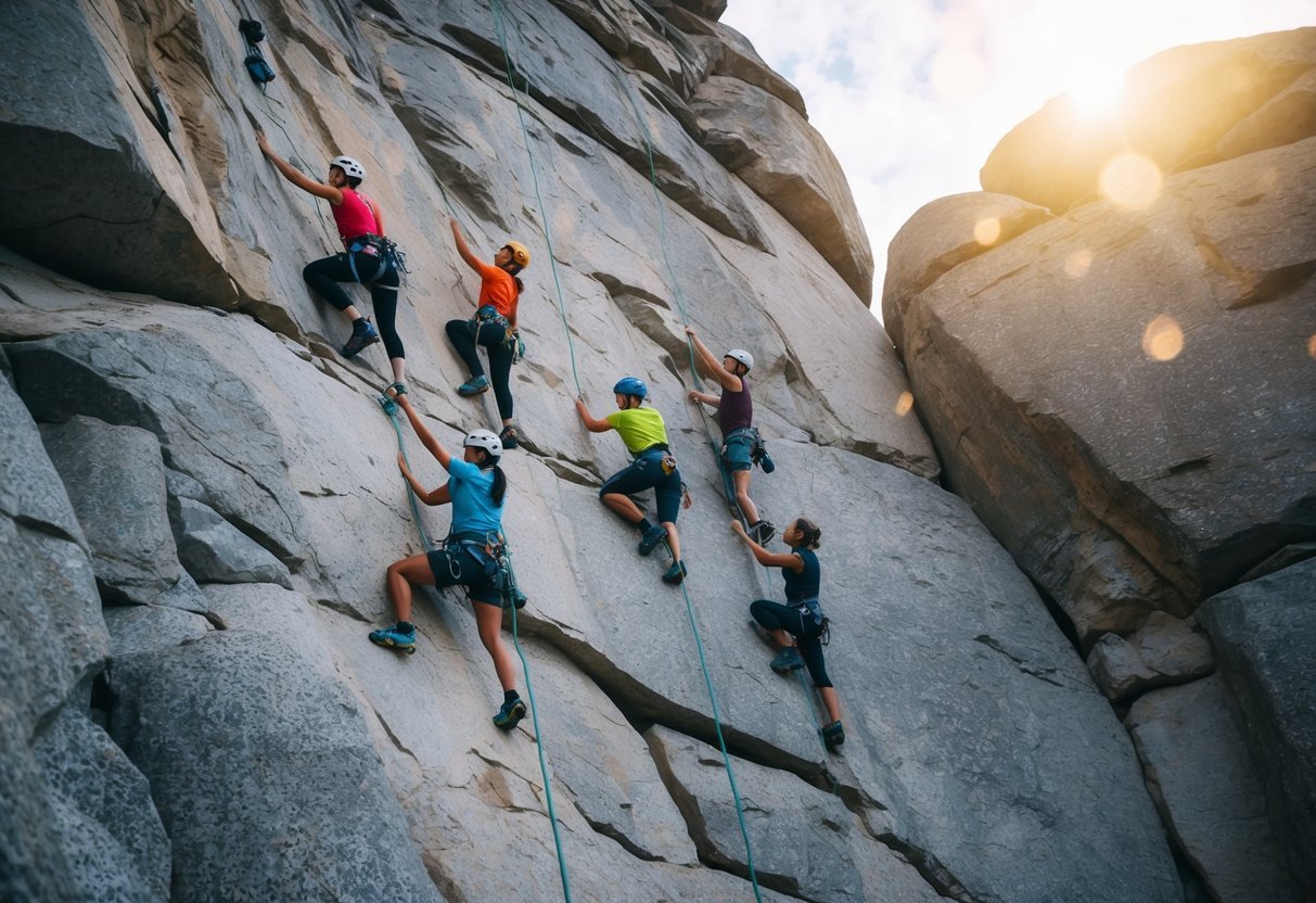A group of diverse climbers conquer a challenging rock wall, showcasing their strength and skill