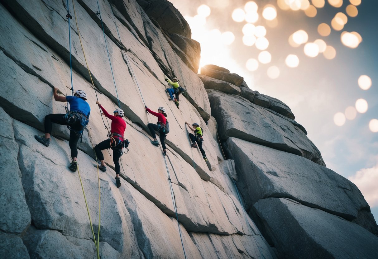 A group of elite climbers tackle challenging routes on a towering rock face, showcasing their strength and determination