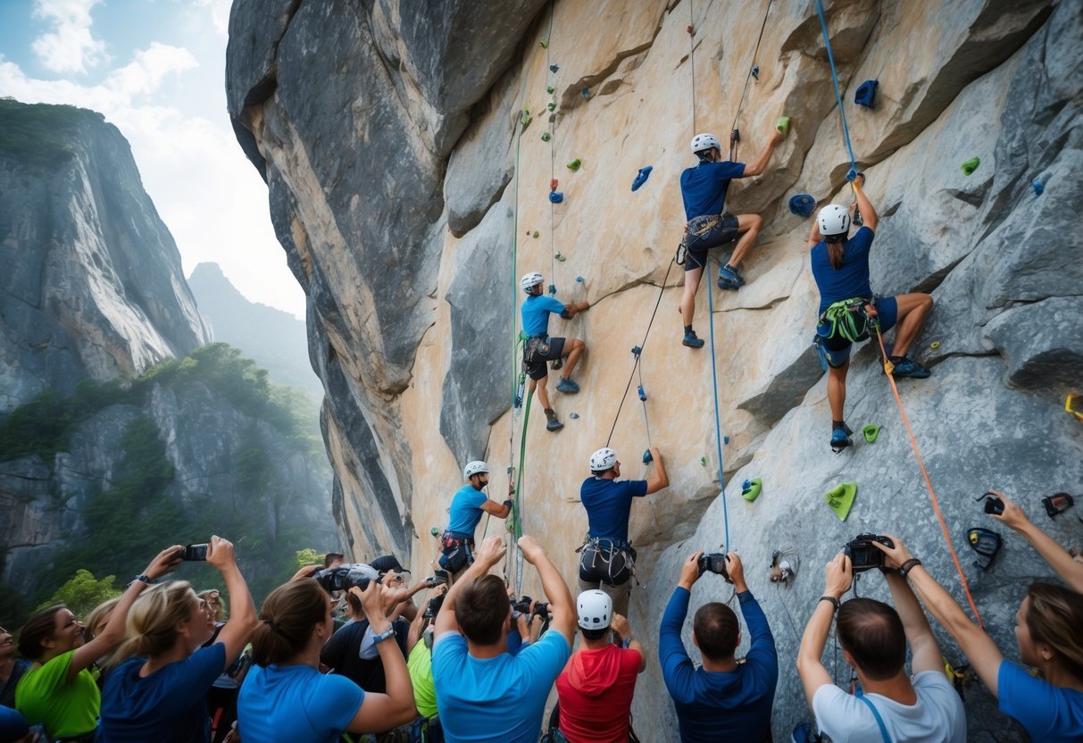 A group of six sport climbers conquering challenging routes on a towering rock wall, with cheering crowds and photographers capturing the historic moment