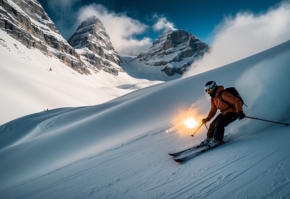 A lone skier navigates a treacherous mountain slope, surrounded by towering peaks and swirling snow.</p><p>Their emergency beacon glows brightly against the stark, icy landscape