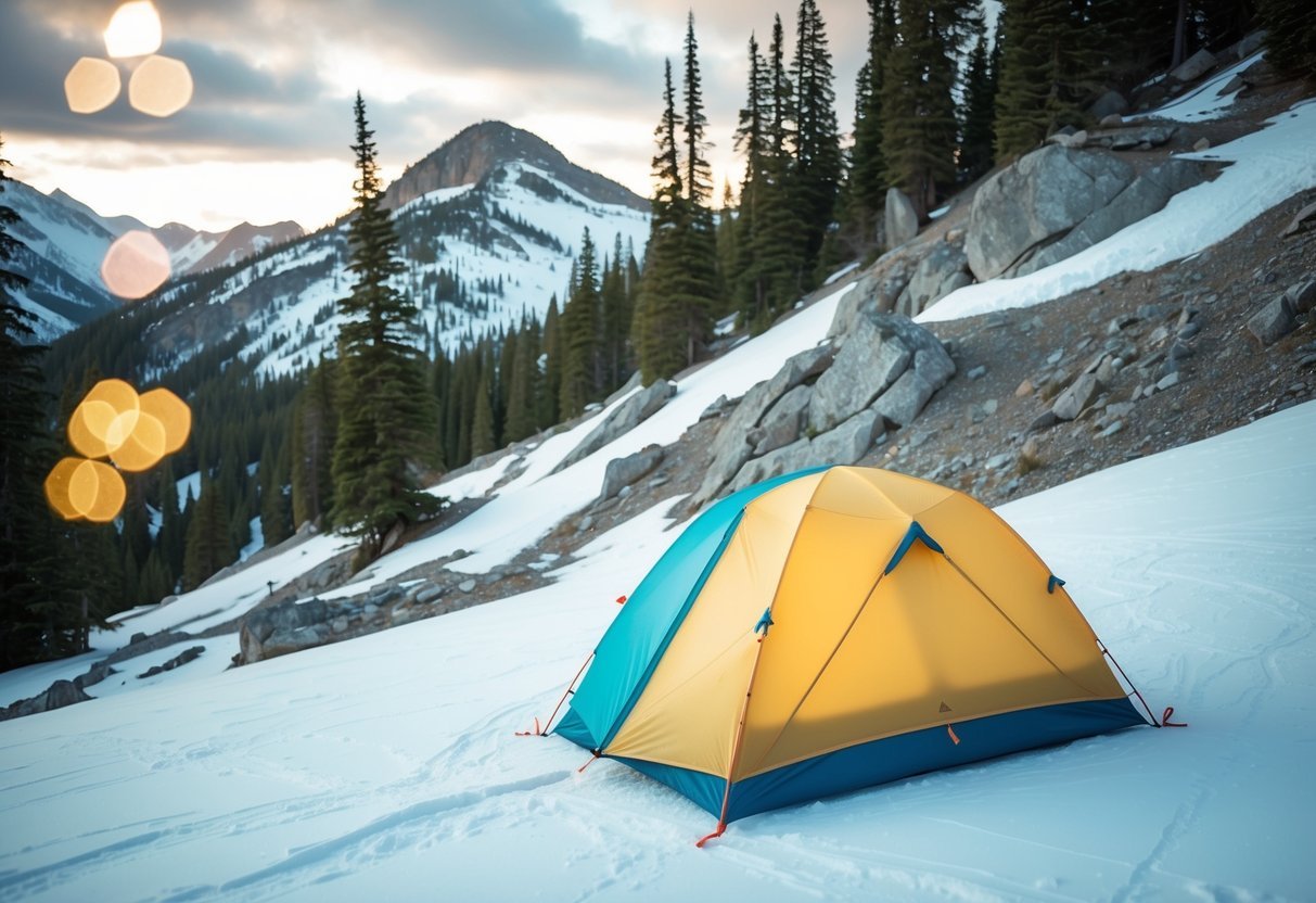 A colorful survival tent pitched on a snowy mountain slope, surrounded by rugged terrain and towering pine trees