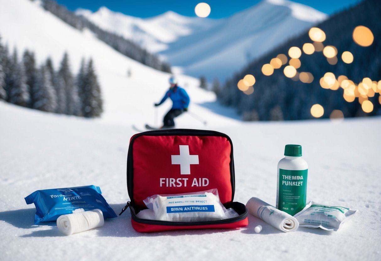 A snowy mountain slope with a skier in the background, a first aid kit open on the ground, surrounded by items like bandages, antiseptic, and a thermal blanket