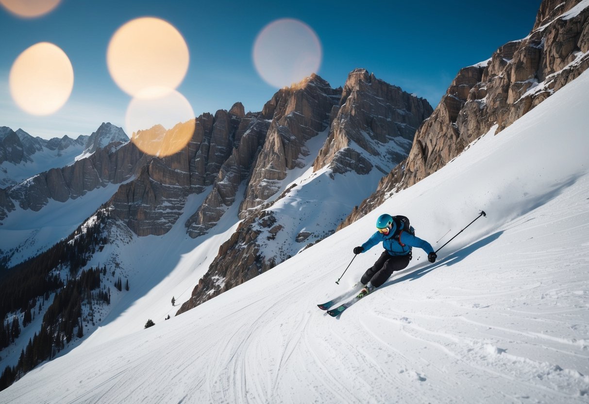 A skier navigating a steep, rugged mountain slope, surrounded by jagged peaks and deep snow, with a sense of thrill and danger in the air