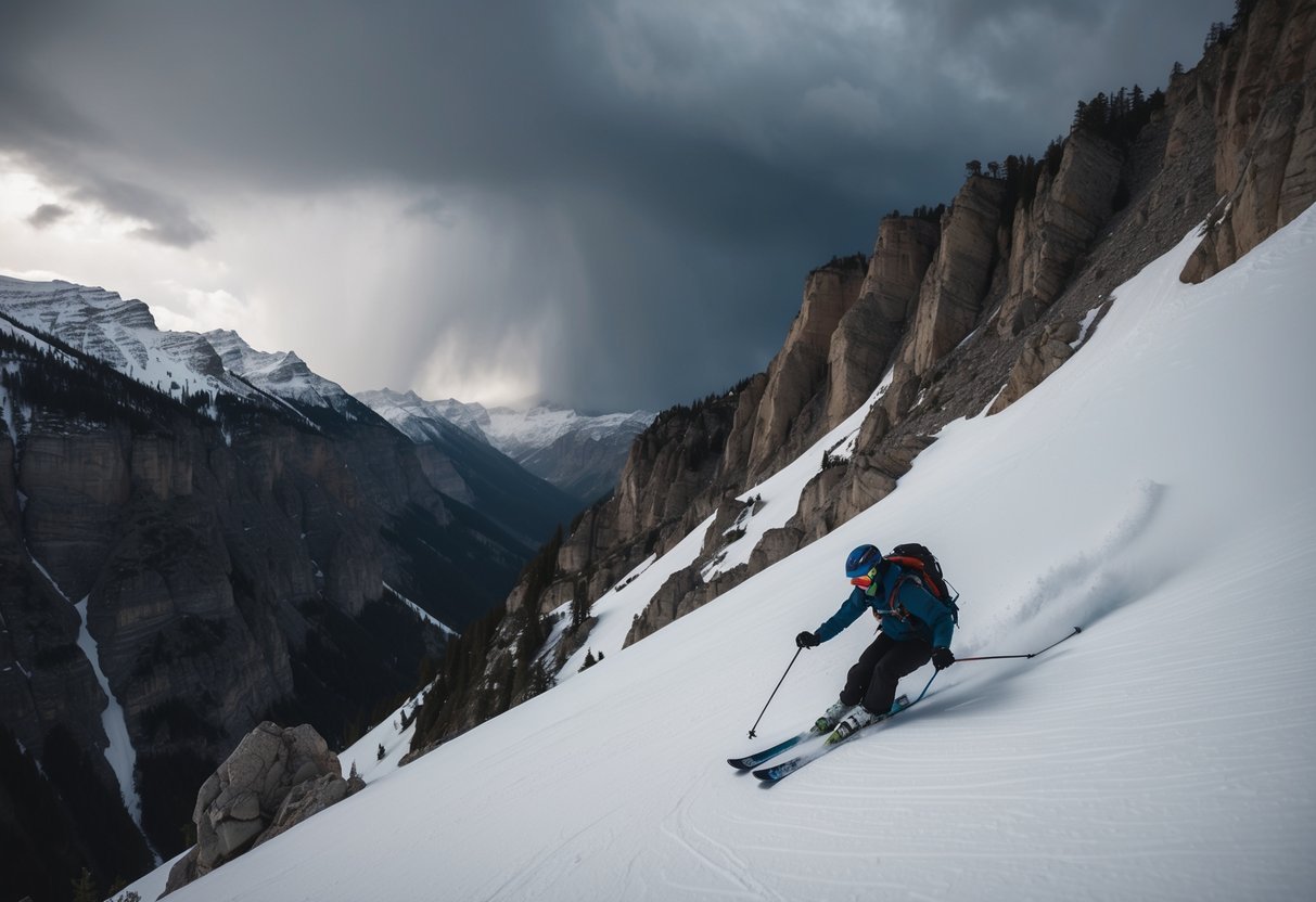 A lone skier navigates a treacherous mountain slope, surrounded by steep cliffs and jagged rocks, with a stormy sky looming overhead