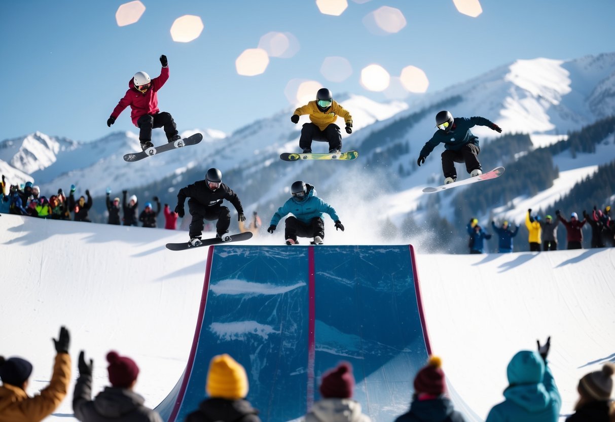Five snowboarders performing tricks on a halfpipe, surrounded by cheering spectators and snow-covered mountains in the background