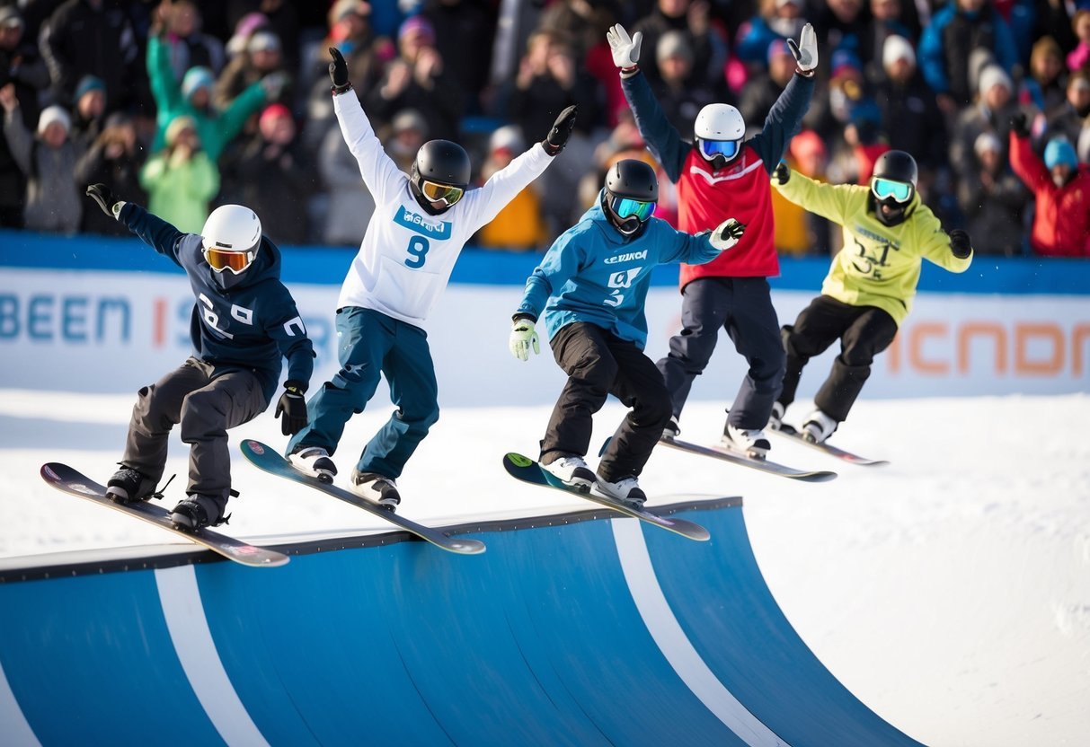 Five snowboarders carving through a half-pipe, catching air and executing impressive tricks, with a crowd of spectators cheering in the background