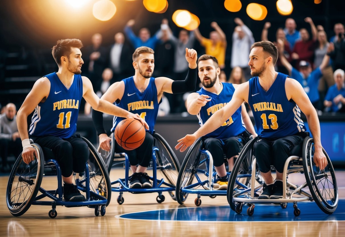 Four wheelchair basketball players in action, dribbling and passing on a court, with spectators cheering in the background