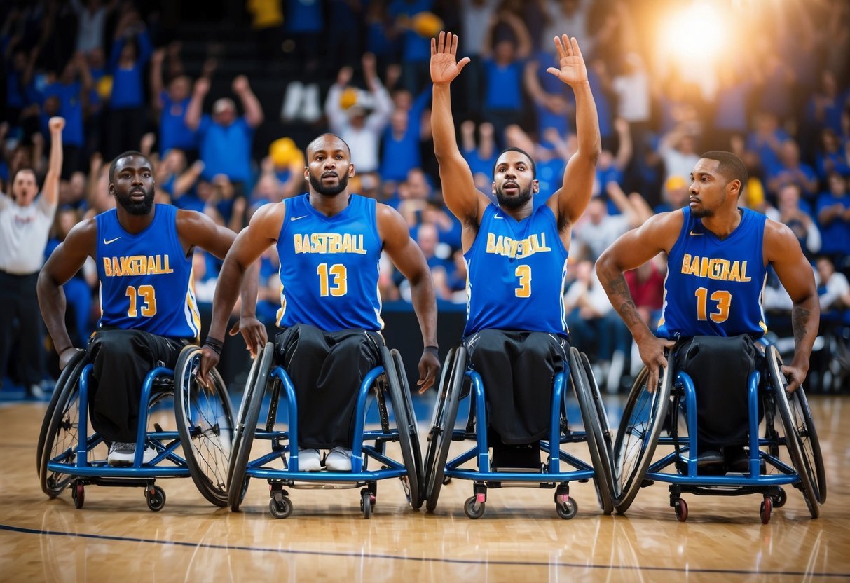 Four wheelchair basketball players in action, dominating the court, with fans cheering in the background