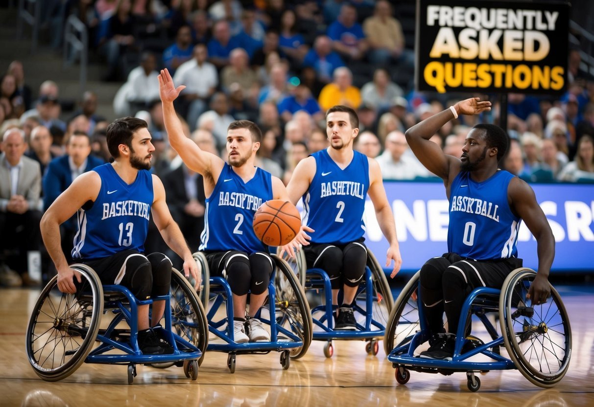 Four wheelchair basketball players in action, surrounded by a crowd, with a prominent 
