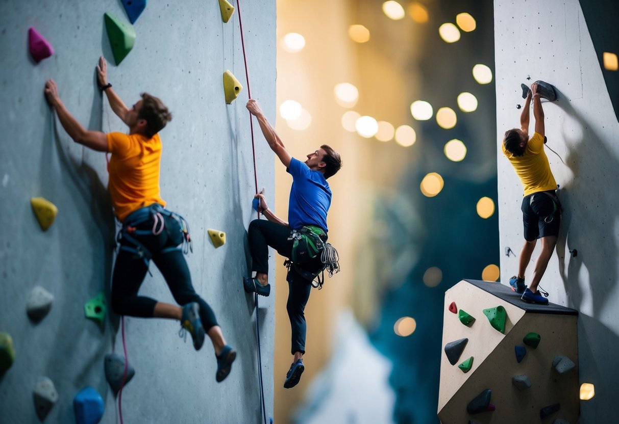A climber tackles a challenging route, while another scales a speed wall, and a third attempts a bouldering problem