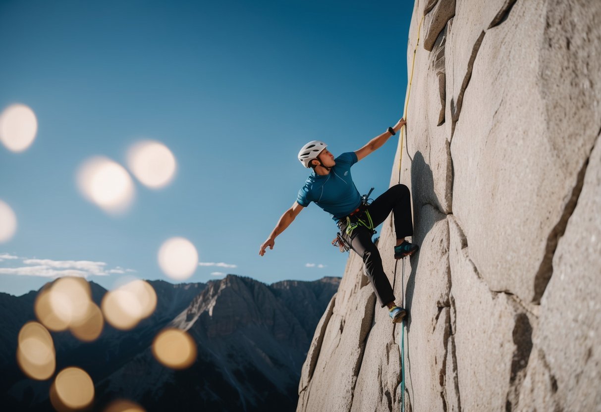 A climber ascends a steep rock face with speed and agility, resembling a vertical sprint