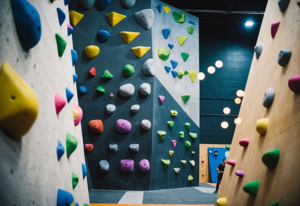 A bouldering wall stands at 4.5 meters, with colorful holds and textured surfaces