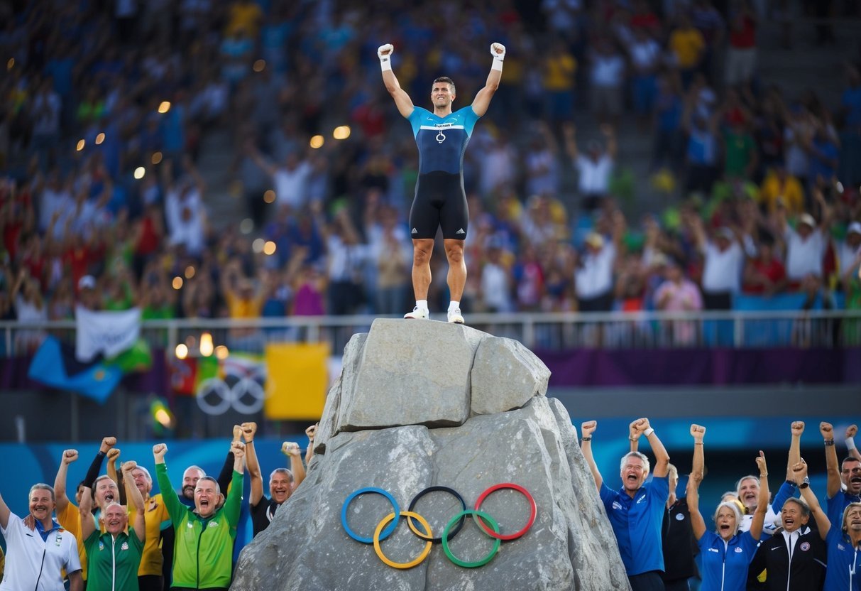 A triumphant figure stands atop a towering rock wall, surrounded by cheering crowds and the Olympic rings
