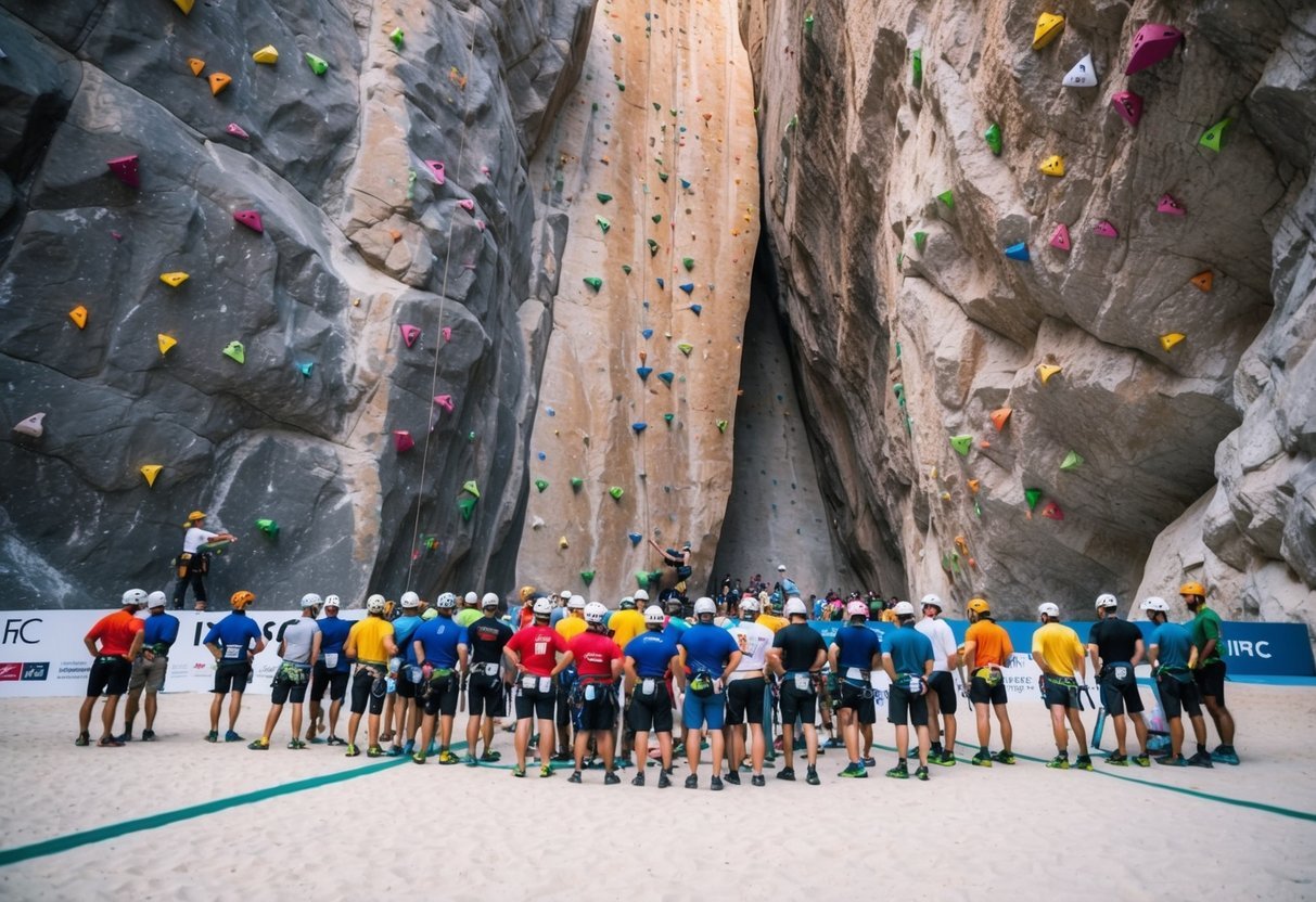 A group of climbers from around the world gather at the base of a towering rock wall, marked with colorful holds, as they prepare to compete in a sport climbing event governed by the IFSC