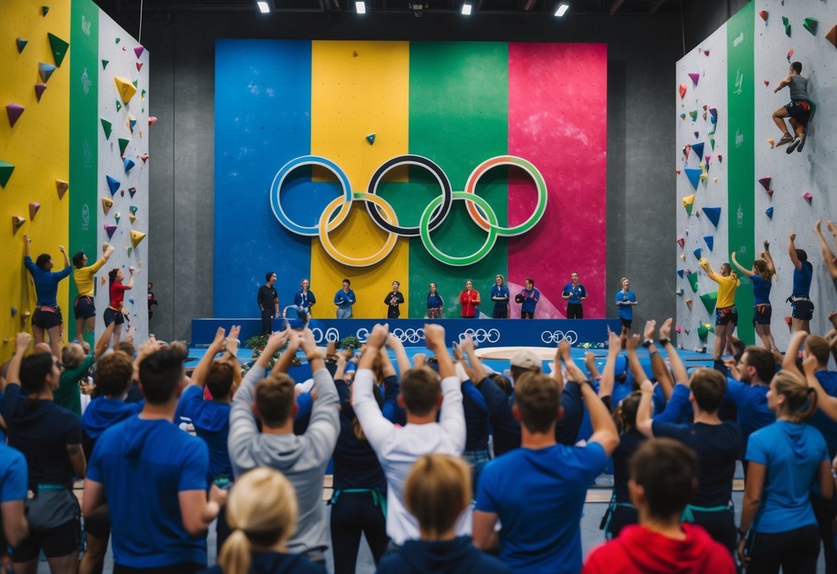 A colorful climbing wall with Olympic rings in the background, surrounded by cheering spectators and athletes competing in sport climbing