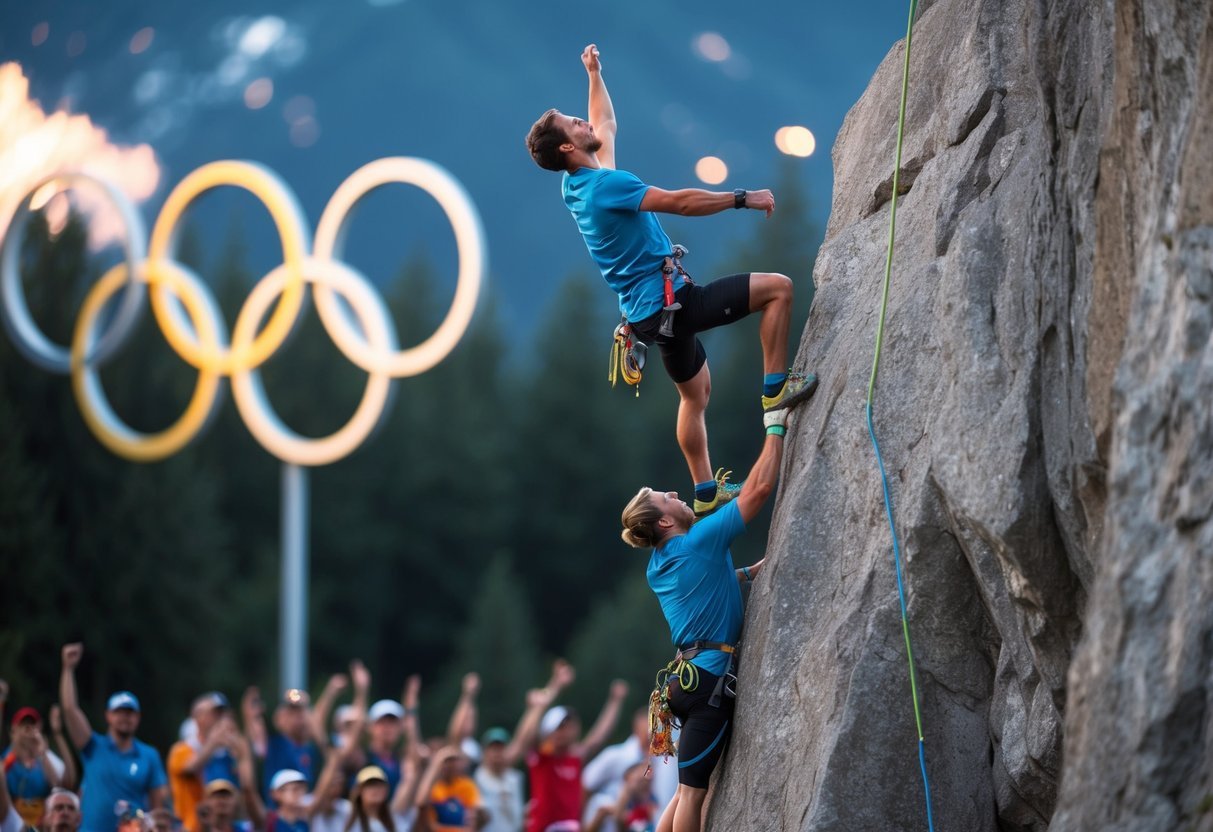 A climber reaching the top of a challenging route, with the Olympic rings in the background and a crowd of spectators cheering below