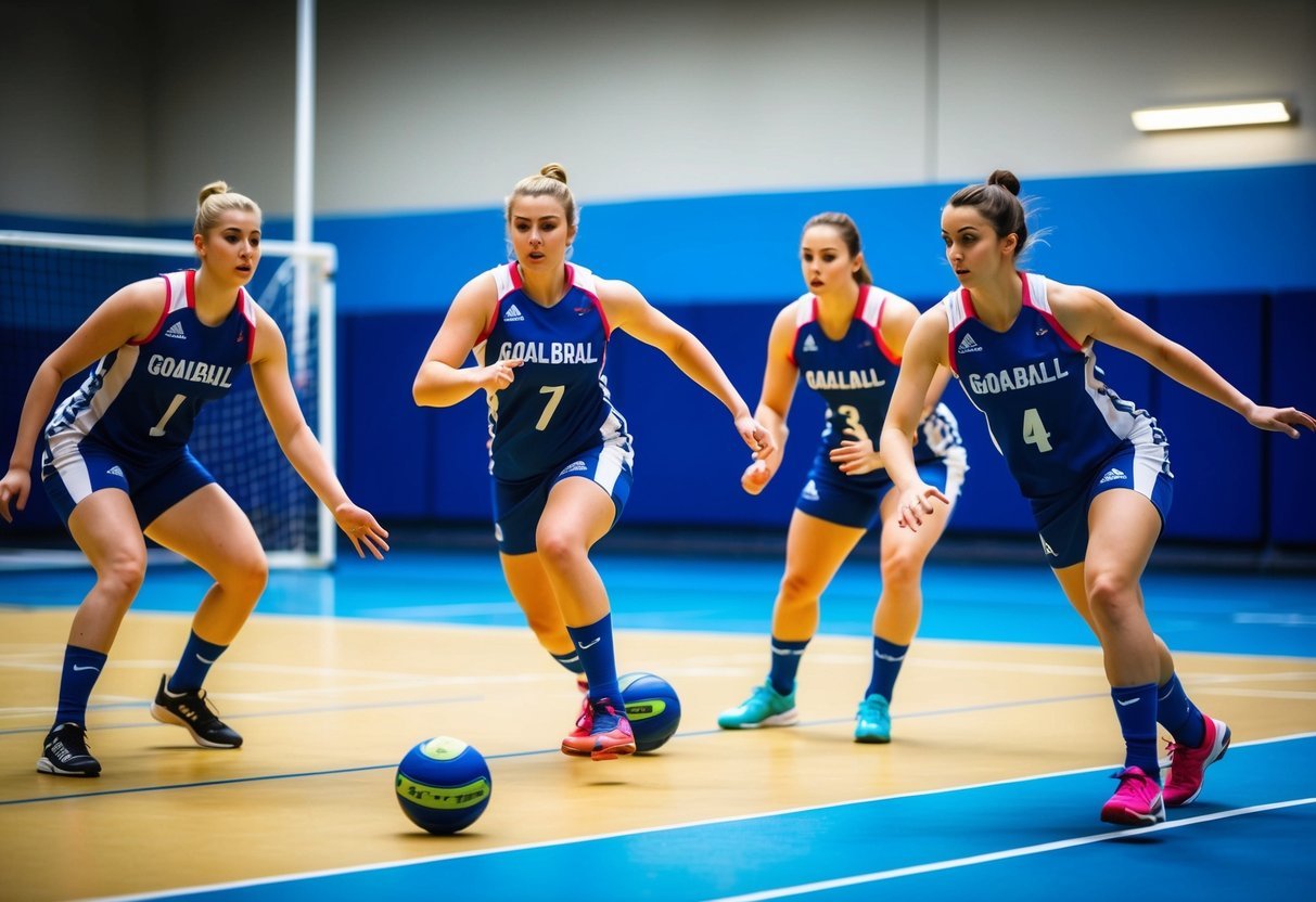 Four goalball players in action, each demonstrating strength and skill on the court