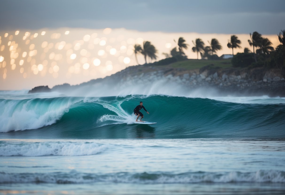 A surfer riding a wave at a point break, with a rocky shoreline and palm trees in the background