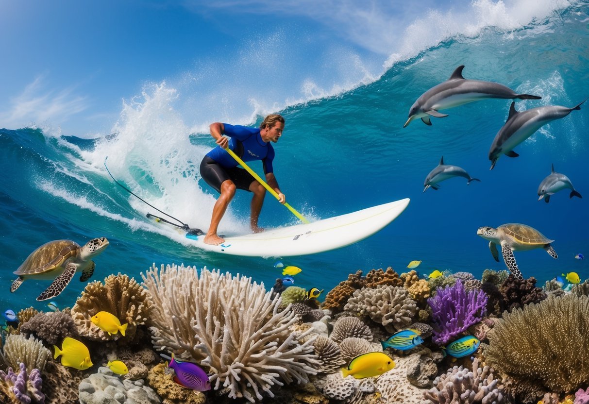 A surfer paddling over a vibrant coral reef, surrounded by colorful fish and sea turtles, with a pod of dolphins leaping in the distance