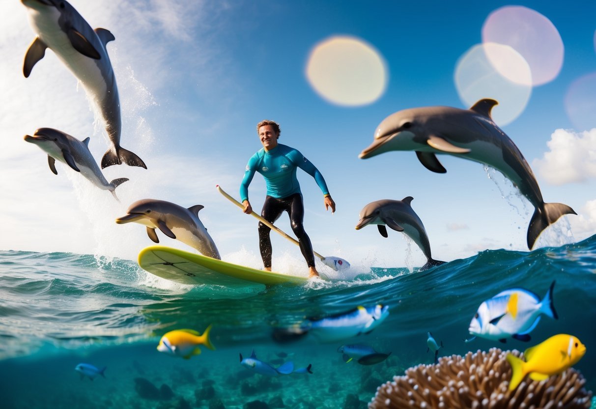 A surfer paddling out to sea, surrounded by playful dolphins and colorful fish, with a vibrant coral reef below