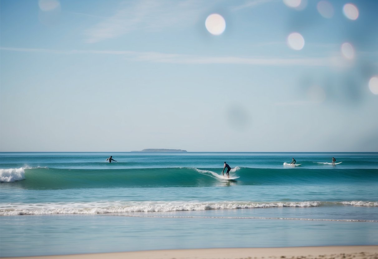A serene beach with clear blue water, gentle waves, and a visible sandbar creating a safe surf spot.</p><p>A few surfers are seen riding the waves in the distance