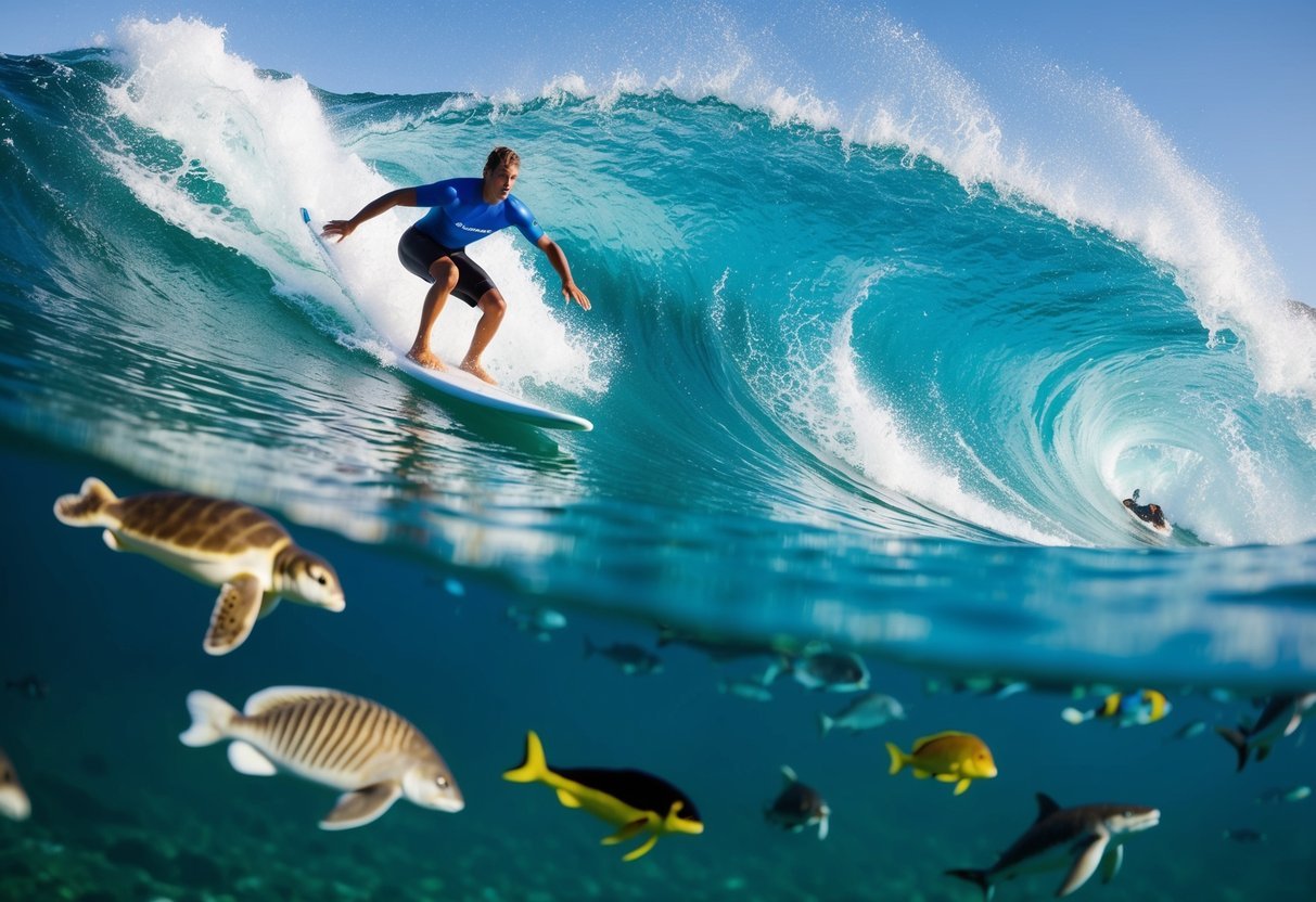 A surfer riding a wave with various marine creatures swimming beneath the clear blue ocean water
