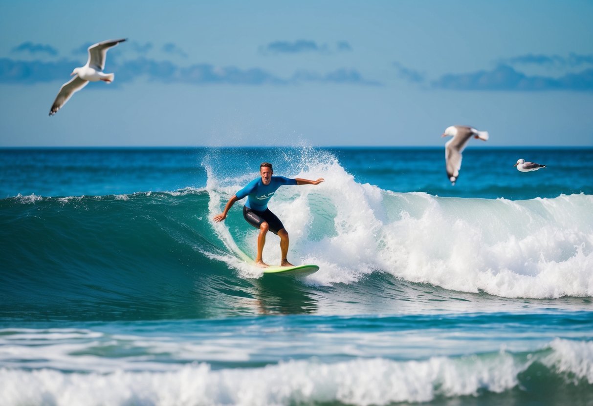 A surfer riding a wave with various ocean elements such as waves, seagulls, and a clear blue sky in the background